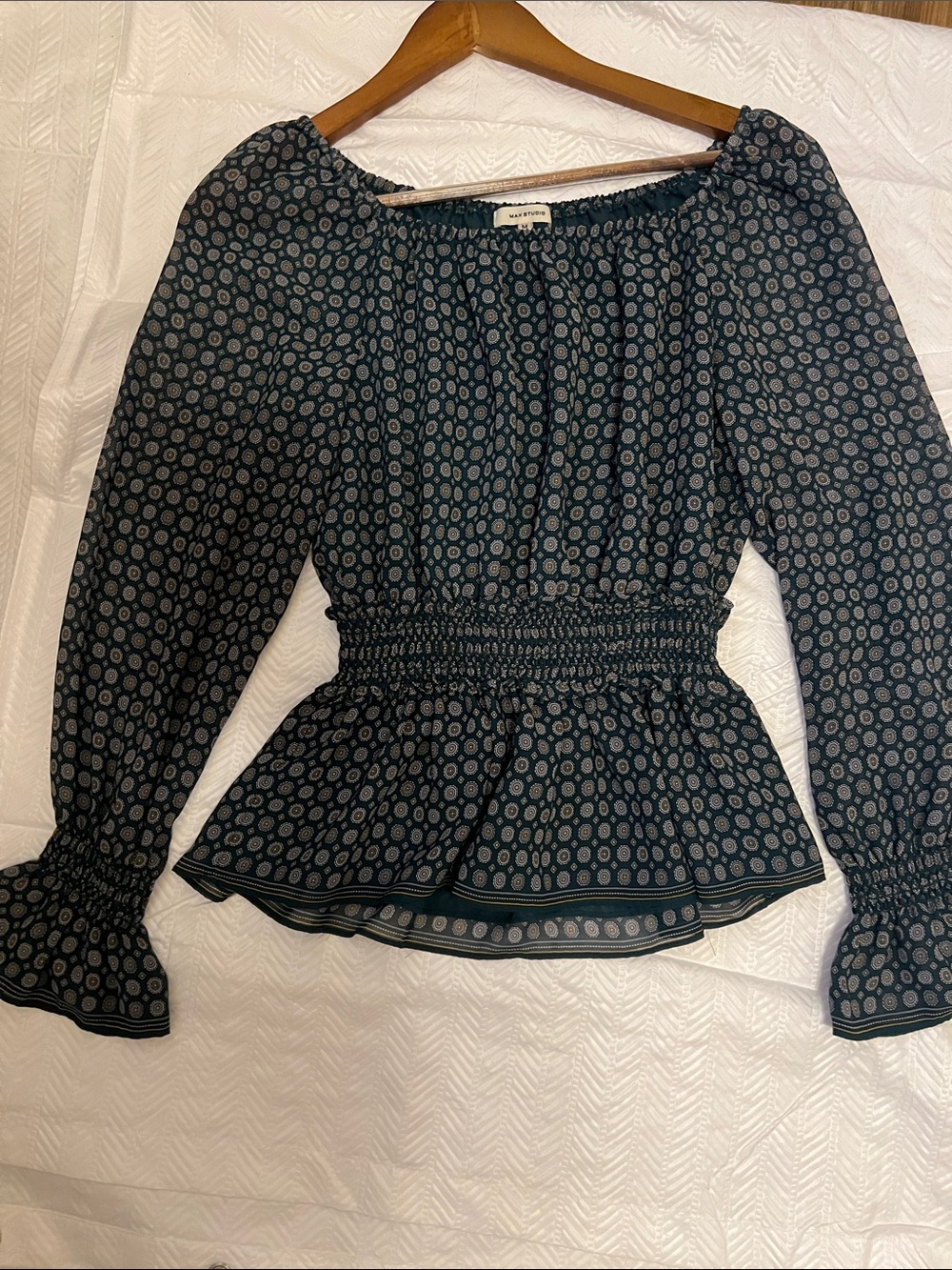 MAX STUDIO Smocked Waist Long-Sleeve Peplum Top in Dark Teal